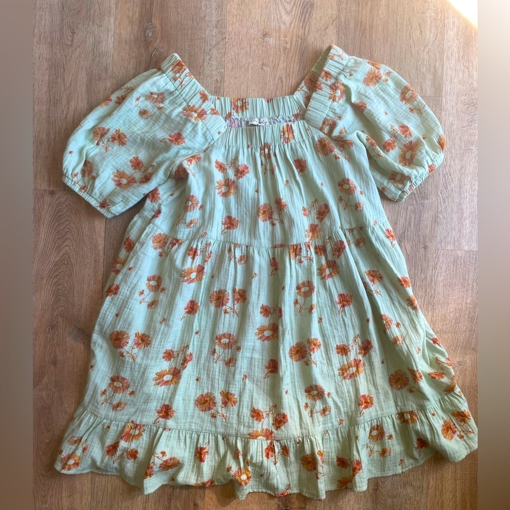 Wonderly Floral Puff Sleeve Mini Dress Green Orange Daisy Cotton Cottagecore PS